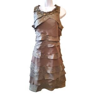 Vintage Y2K Dress S.L. Fashions Size 14 Round Neck Midi Sleeveless Tiered Silver